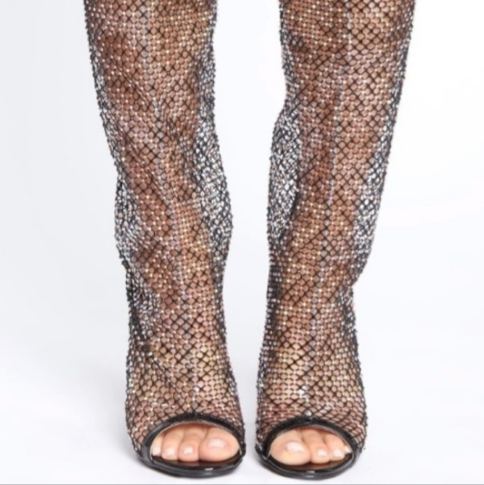 Fashion Nova Fishnet Rhinestone Knee Boots women's size 9 BNWB